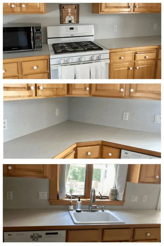 Traditional kitchen with wood cabinets and white appliances. Declutter your kitchen project.
