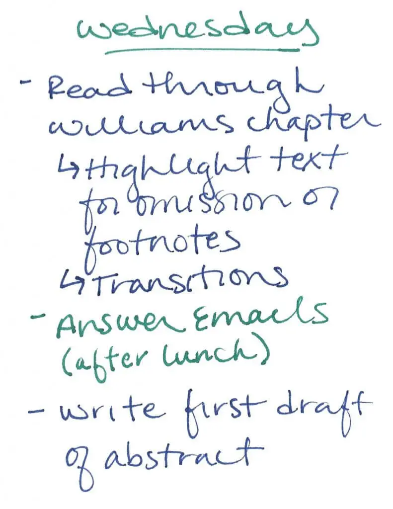 Wednesday to-do list: Read chapter, answer emails, write abstract. Tackle your to-do list!