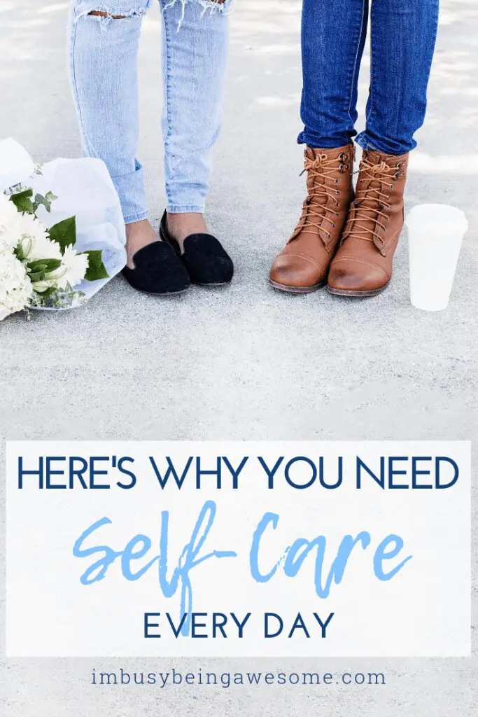 Two people stand next to flowers and coffee. Text: Here's Why You Need Self-Care Every Day.