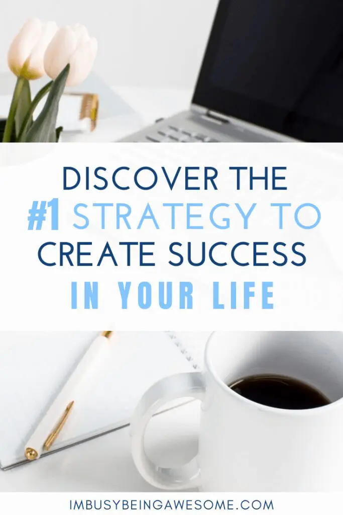 Desk with laptop, coffee, tulips, and the text "Discover the #1 strategy to create success in your life.