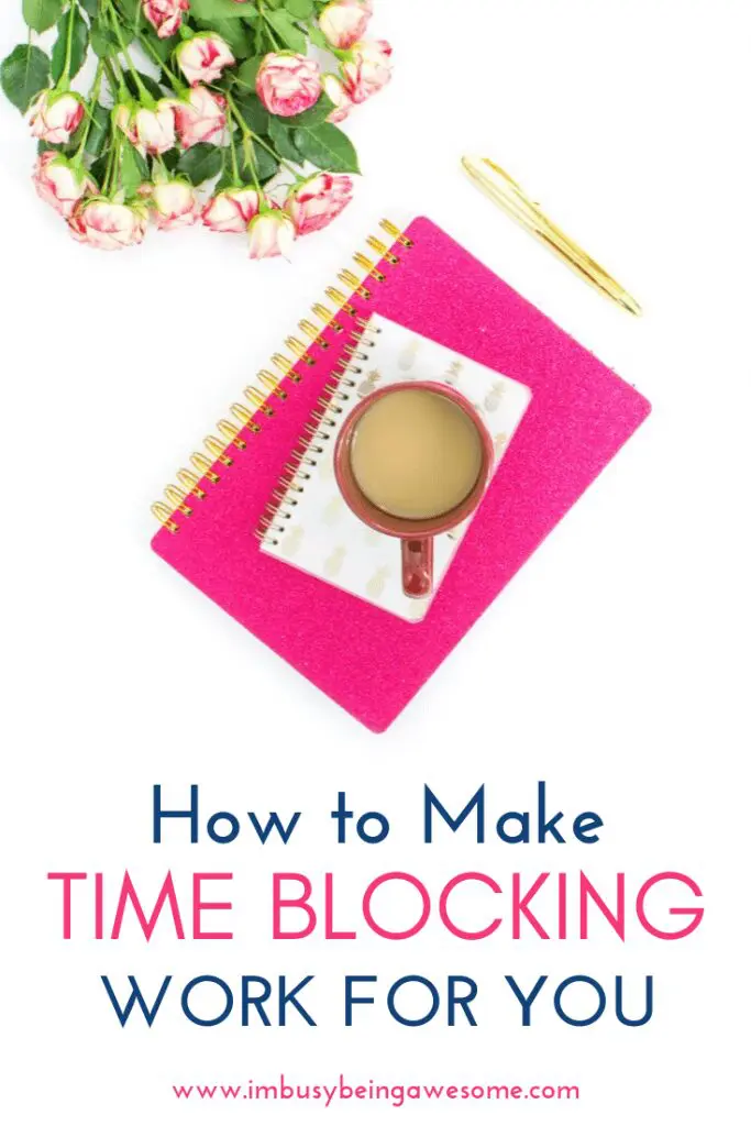 Pink notebook, flowers, and coffee. Learn how to make time blocking work for you!