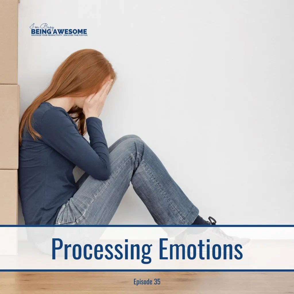Woman with head in hands, sitting against a wall. Text: Processing Emotions, Episode 35.
