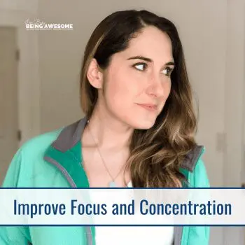 Woman looking thoughtful, thinking about focus and concentration techniques. "Improve Focus and Concentration" text overlay.