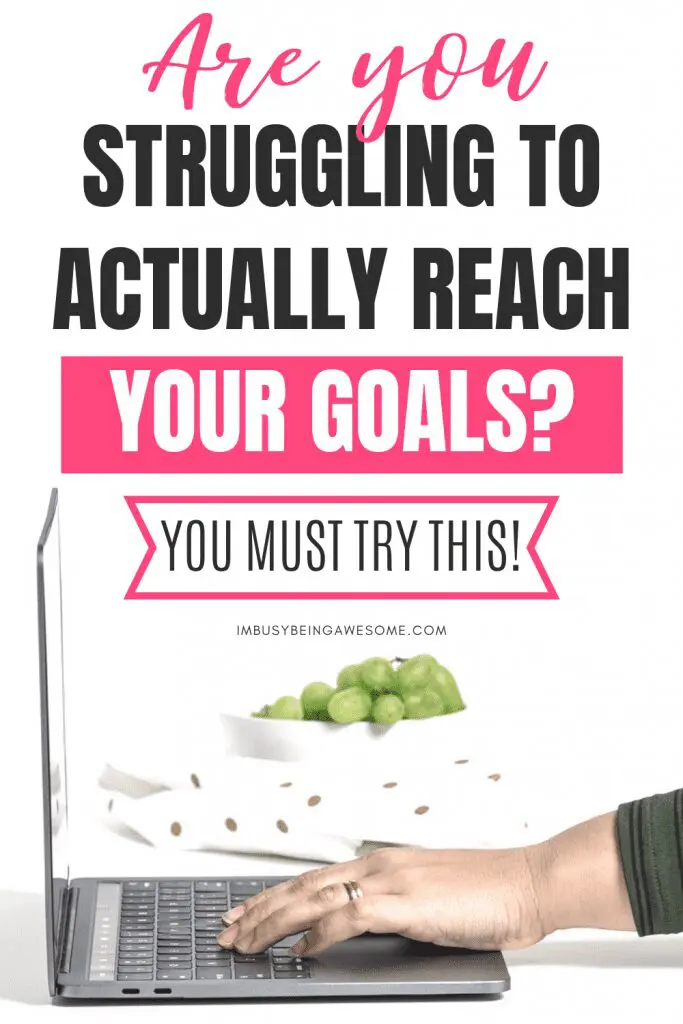 Text: "Are you struggling to actually reach your goals? You must try this!" Laptop and hand shown.
