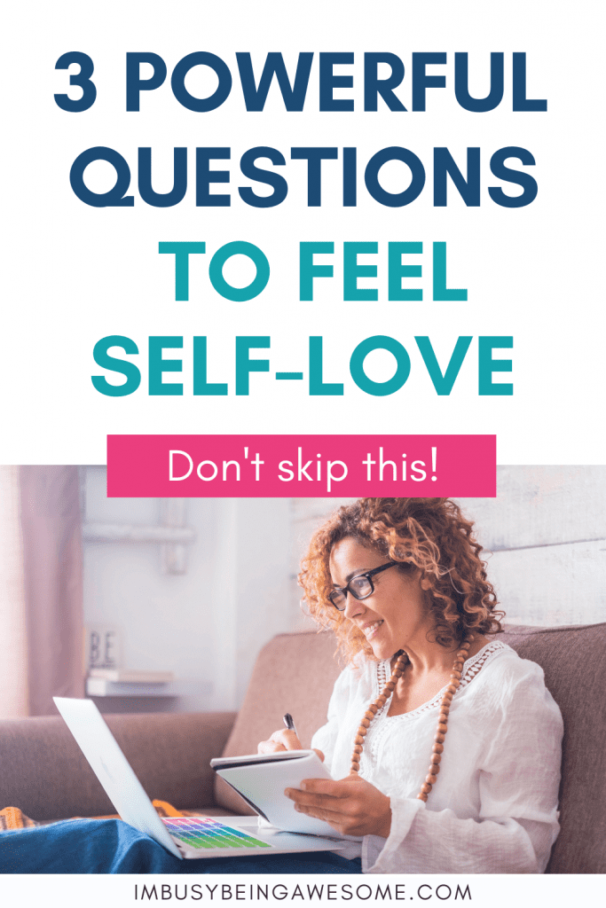 Woman journaling with laptop, "3 Powerful Questions to Feel Self-Love