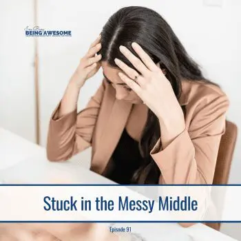 Woman looking stressed, hands on head. Stuck in the Messy Middle.