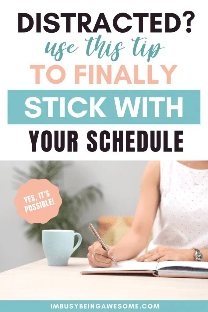 Distracted? Use this tip to finally stick with your schedule. Woman writing in notebook. Yes, it's possible!