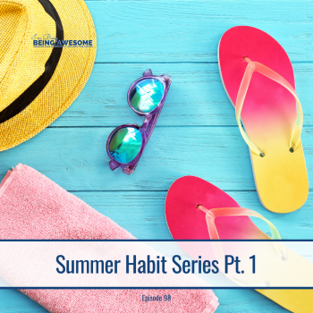 Summer essentials: hat, sunglasses, towel, and flip-flops on blue wood. Summer Habit Series Pt. 1.
