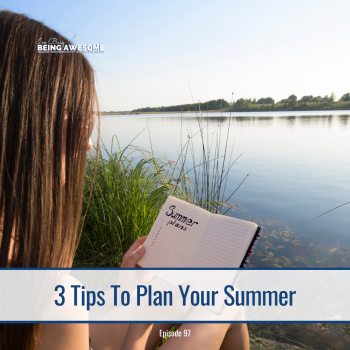 Woman planning summer with notebook by lake. "Summer plans" text visible.