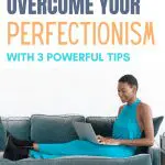 Woman on couch with laptop, overcoming perfectionism with ADHD.