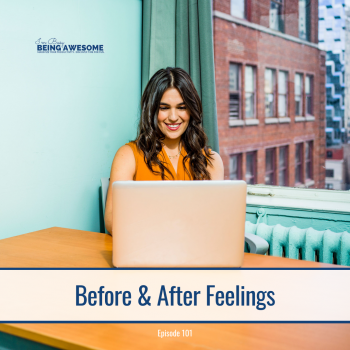 Woman smiling while working on a laptop with city buildings in the background. "Before & After Feelings" text overlay.