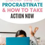 ADHD procrastination: Person in bed with laptop. "Have ADHD? Procrastinate & Take Action Now.