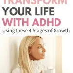 Woman with ADHD holding a mug, thinking about growth stages.