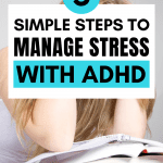 Stressed woman with ADHD at stack of books. Text: 5 Simple Steps to Manage Stress With ADHD
