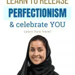 ADHD and perfectionism blog image: Woman smiling, text "Have ADHD? Learn to Release Perfectionism & celebrate YOU