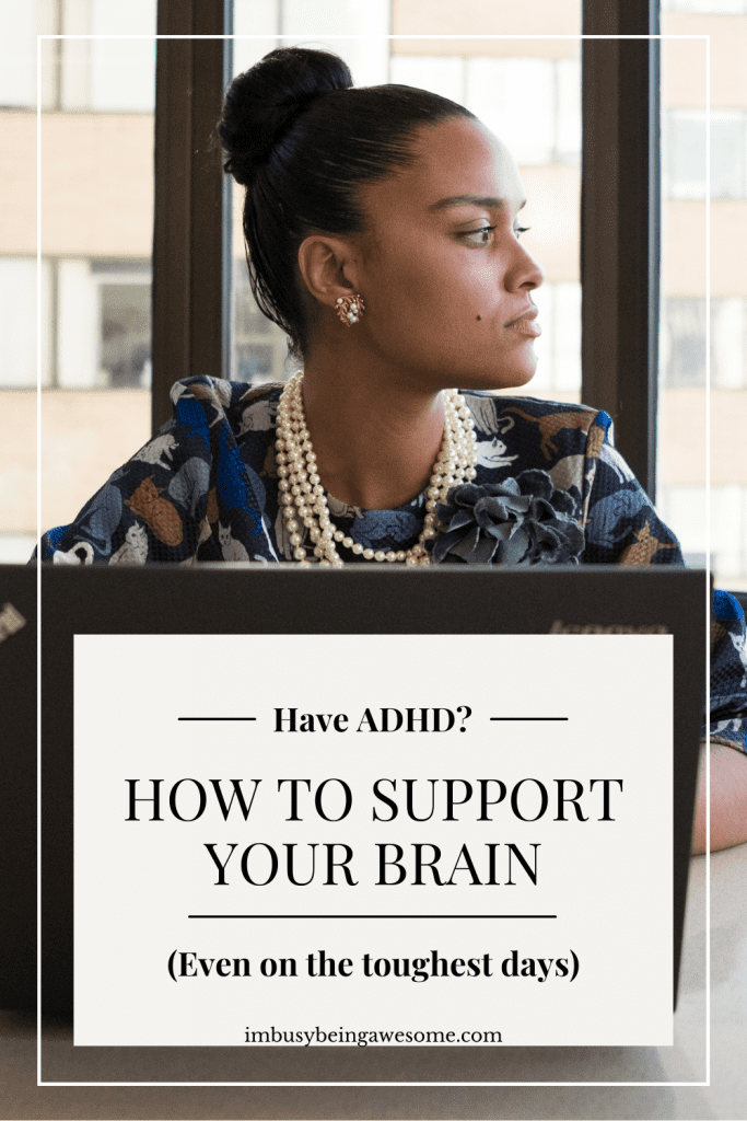 Woman in office setting with ADHD support tips overlayed on image.