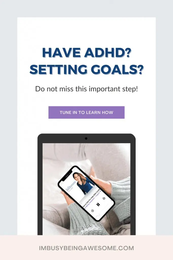 ADHD goals: Hands hold a phone playing "I'm Busy Being Awesome" podcast.