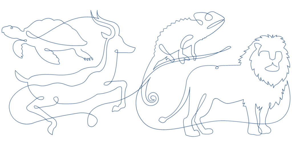 Single line art of a turtle, deer, chameleon, and lion, representing determination.