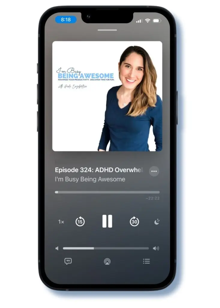 Podcast app displaying "I'm Busy Being Awesome" with Paula Engebretson.