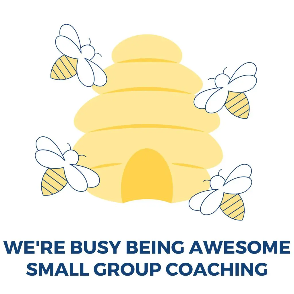 Beehive with bees, text: "We're busy being awesome small group coaching.