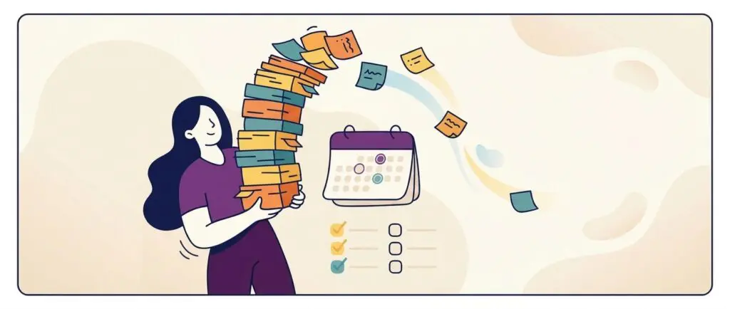 Woman with large stack of papers looking at calendar and to-do list