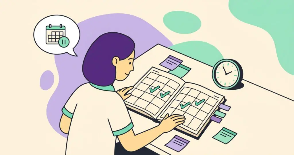Woman planning with a calendar and planner, managing ADHD overpromising.