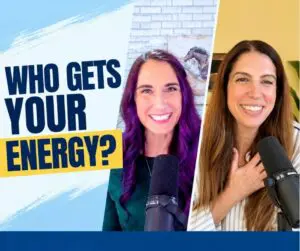 Two women smiling near microphones, with text "WHO GETS YOUR ENERGY?
