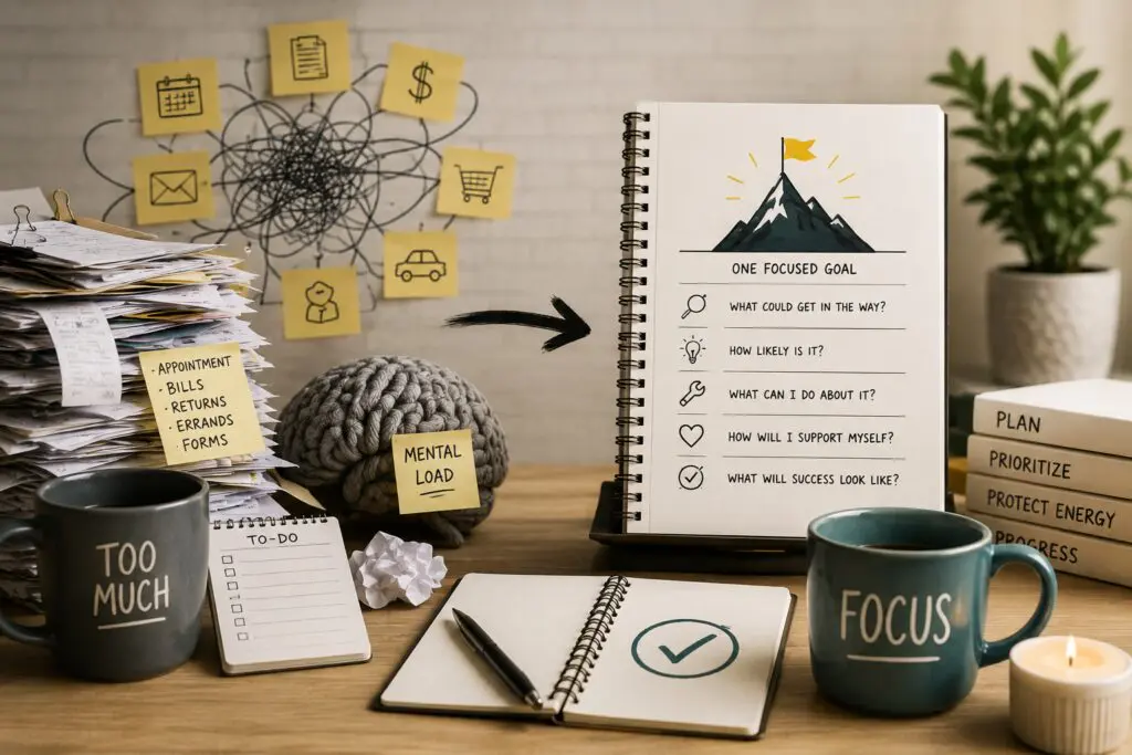 ADHD pre-mortem planning: brain, to-do list, and notebook with focused goal.