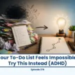 ADHD to-do list chaos transforms into a clear path and lightbulb idea.