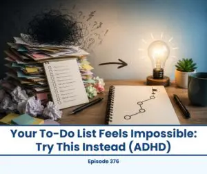 ADHD to-do list chaos transforms into a clear path and lightbulb idea.