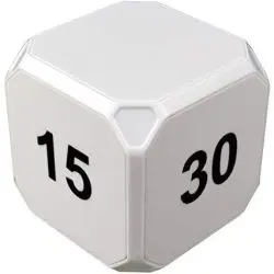 White timer dice showing 15 and 30. Helpful ADHD resource for time management.
