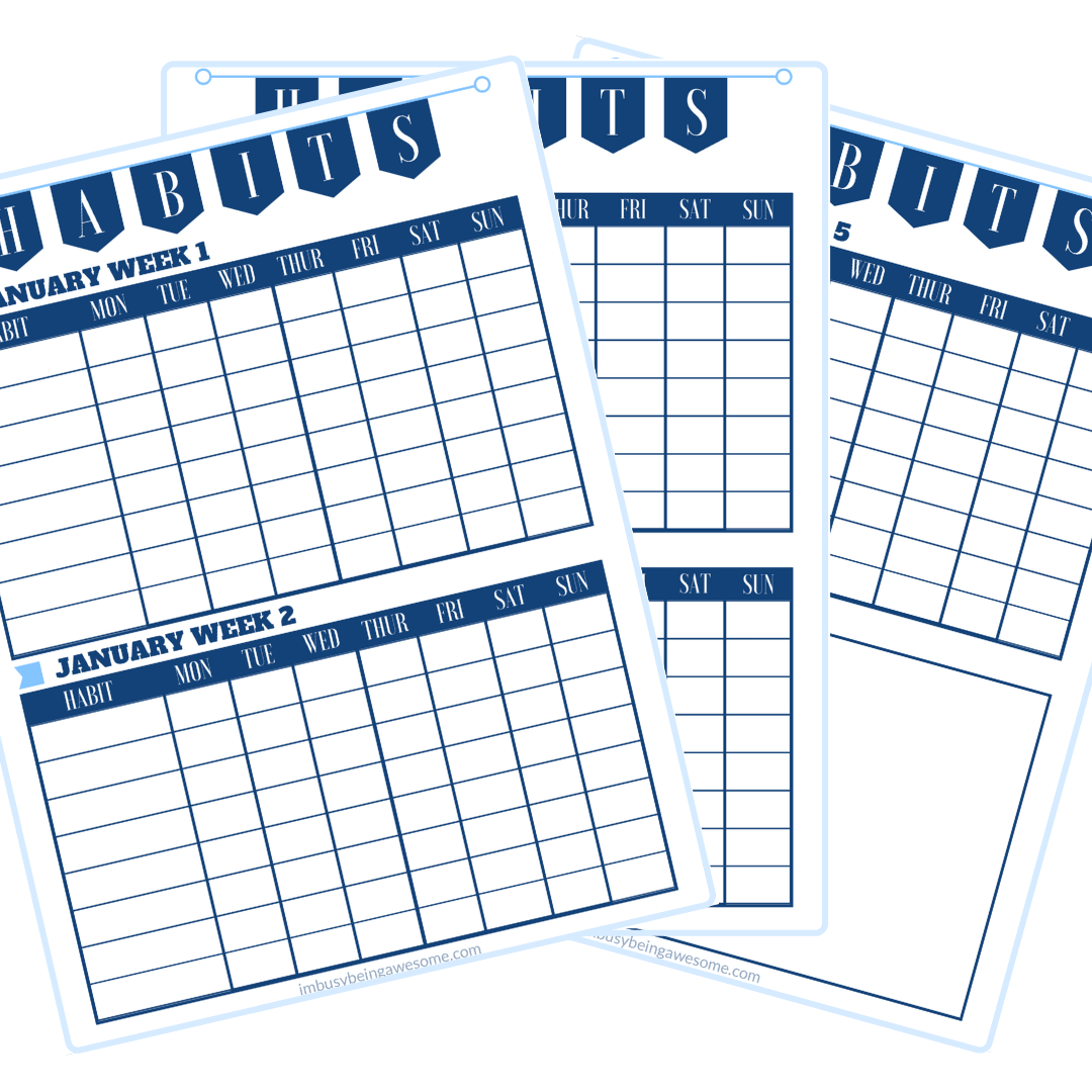 Habit trackers for January weeks 1 and 2, with columns for each day of the week.