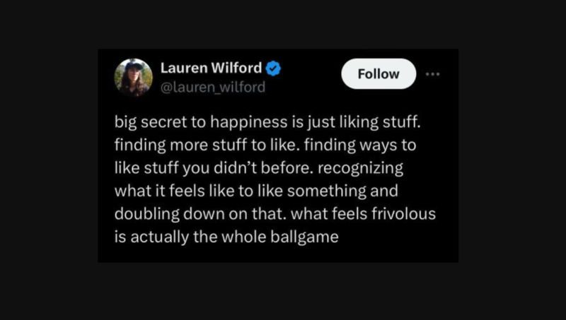 Tweet from Lauren Wilford about finding happiness, relevant to ADHD happy strategies.