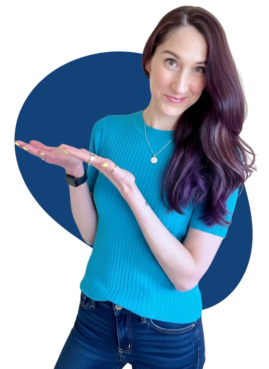 Woman in blue shirt gesturing towards the side, promoting "Overwhelm to Action