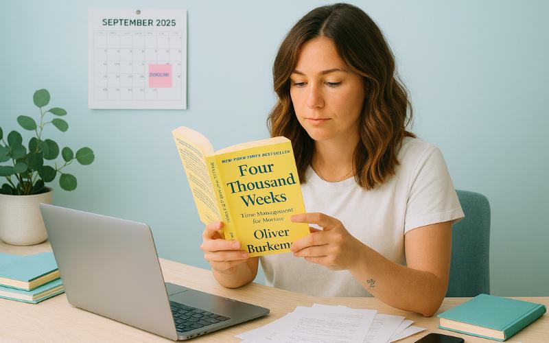 woman at desk reading Four Thousand Weeks