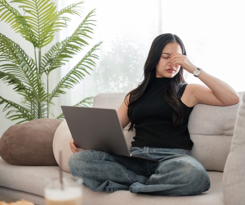 Woman with ADHD mental fatigue rubbing her eyes while working on a laptop.