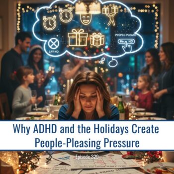 Woman stressed at holiday dinner, thinking of obligations; ADHD people-pleasing pressure.