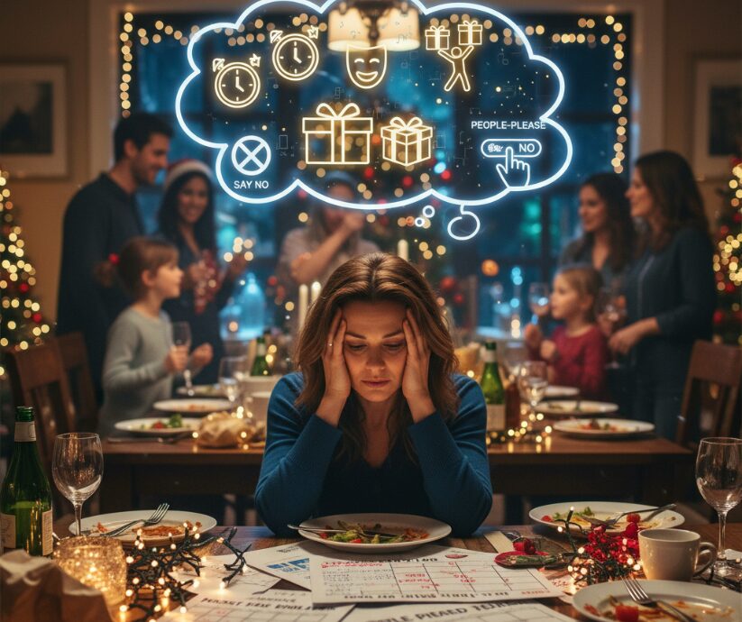 Woman overwhelmed at holiday dinner, thinking about ADHD people pleasing.
