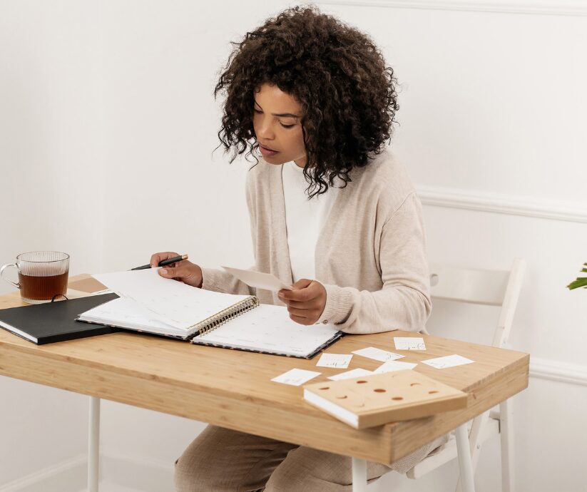Woman planning her week using the Alastair Weekly Log on her desk with notes and a cup of tea.