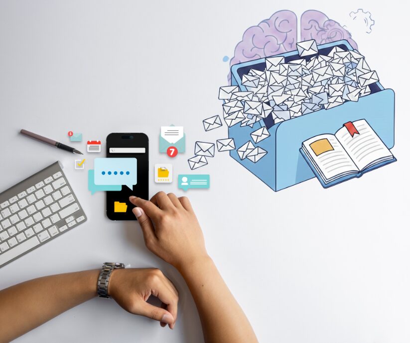Overwhelmed by email: Person using phone with overflowing inbox. ADHD brain concept.