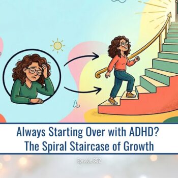 Woman with ADHD progressing up a spiral staircase to success. Always starting over.