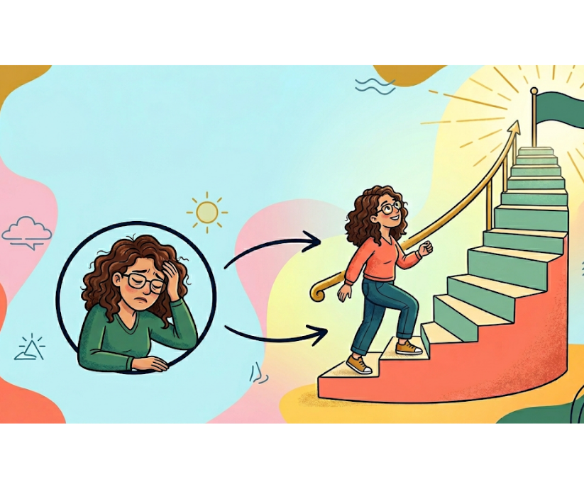 Woman with ADHD overcoming challenges, climbing stairs towards a goal. Represents "always starting over" and growth.