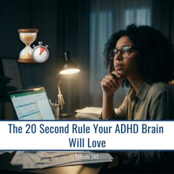 Woman with ADHD diagnosis looking stressed at desk with laptop and hourglass timer.