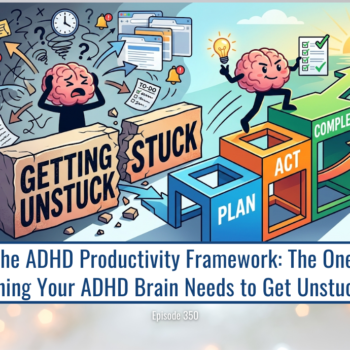 ADHD Productivity Framework: Brain progresses from "Getting Stuck" to "Complete" via "Plan" and "Act".