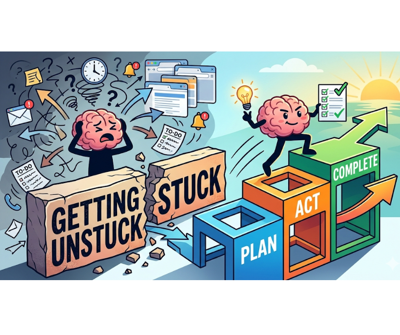 ADHD Productivity Framework: Brain gets unstuck, moving from chaos to plan, act, complete.
