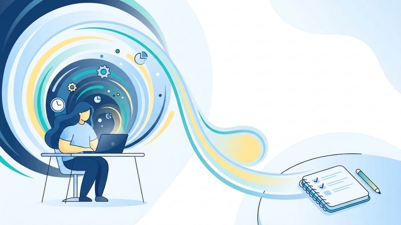 Woman focused on laptop with swirling icons, notebook, and pencil nearby