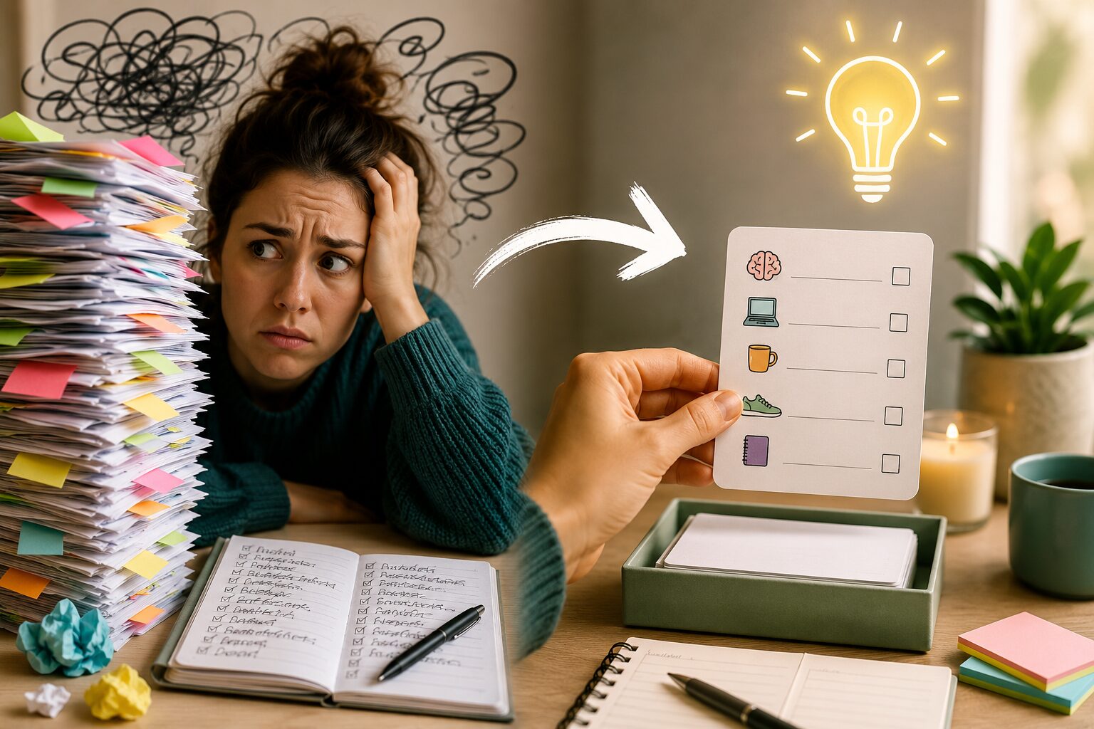 Woman stressed by overwhelming to-do list, then ideas for organization.