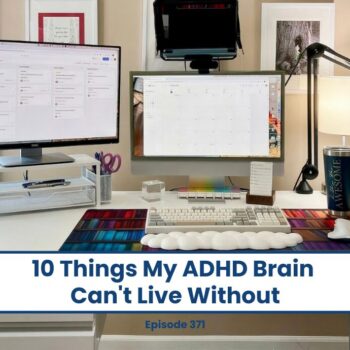 ADHD brain's favorite things: a desk with dual monitors, keyboard, and cup.