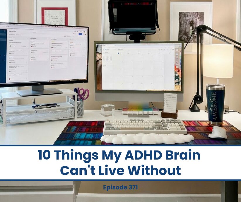 ADHD brain's favorite things: a desk with dual monitors, keyboard, and cup.
