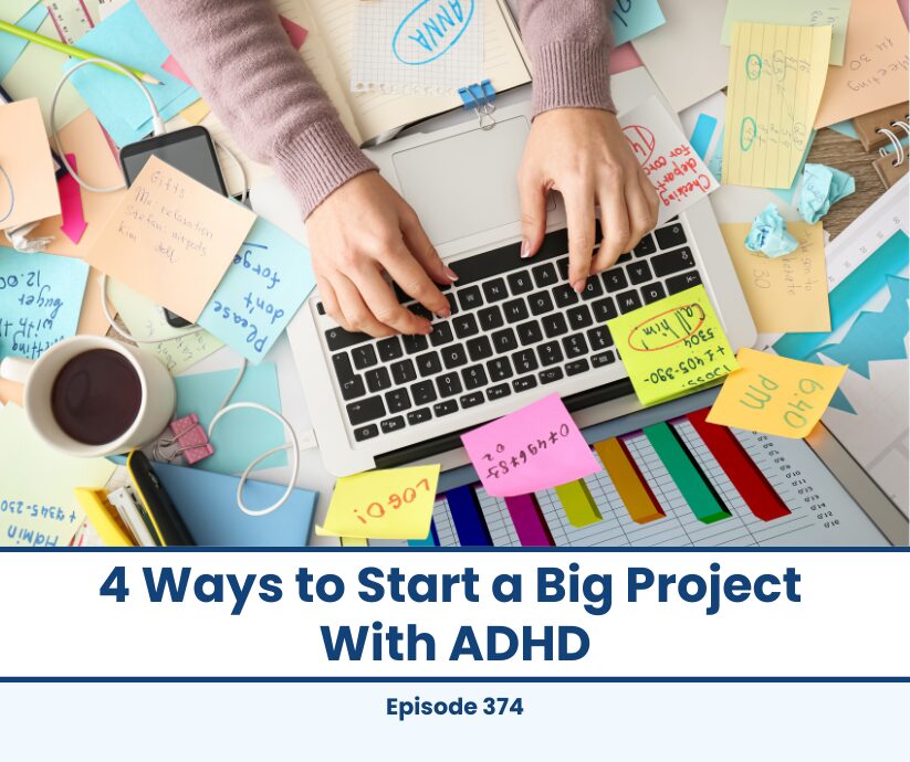 Hands typing on laptop surrounded by sticky notes for ADHD project management